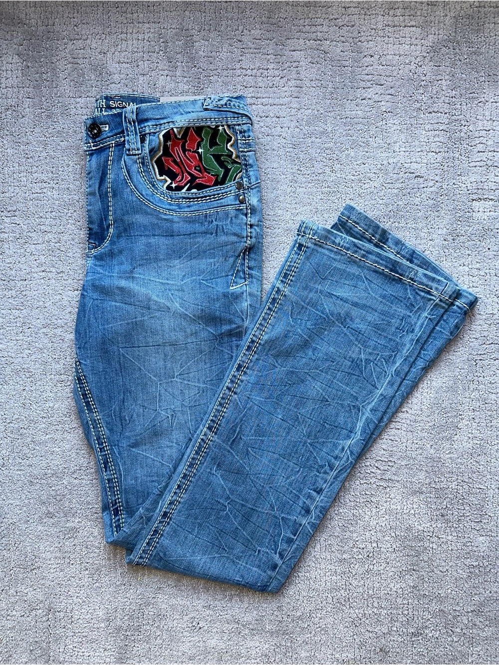 Ninth Hall Men’s Stack Flare Embroidered Eagle Snake Medium Blue Jeans 33x36 NWT